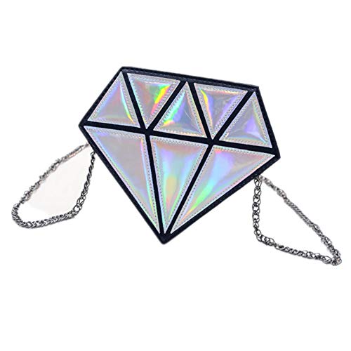 Laser Diamond Shape Evening Shoulder Bag PU Leather Chain bag for Girls, Silver, 18cm