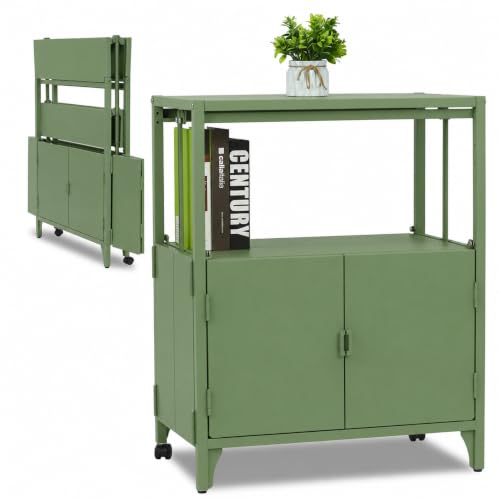 STSDOHAB Modern Metal Folding Storage Cabinet, Cream Foldable Sideboard with Shelves, Entryway Console Cabinet Coffee Bar for Patio Outdoor Indoor Living Room Kitchen Bathroom, 5mins Assembly, Green