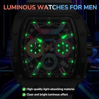 Stylish Men's Tonneau Watches, Analog Quartz Mens Chronograph Watch with Calendar,Fashion Sport Casual Work Wrist Watches for Men with Silicon Strap,Colorful Dial Skeleton Watch Gifts for Men
