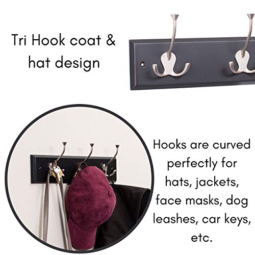 Birdrock Home Tri Hook Coat Rack - 3 Hooks - Wall Mount Hat Rack - Black Finish - Satin Nickel Hooks #TOP4