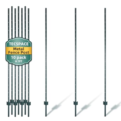 TECSPACE Metal Fence Post 7 ft Heavy Duty U-Post with Anchor Plate and Adjustable Tabs Rust-Proof Steel Stakes for Garden Farm Lawn 10 Pack (7 Feet)