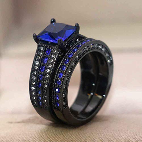 Bridal Sets Luxury Black Gold Plated Womens Wedding Ring Sets Princess cut 8mm Blue Cz Engagement Ring Sets4