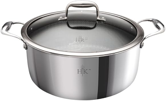 Hells Kitchen Hybrid 5 Qt Pot and lid, Tri-Clad Stainless Steel and Nonstick Ceramic, PFAS Free, no PFOA, no PTFE, noTeflon, Non Toxic Cookware, Metal Utensil Safe, All Cooktops and Oven Safe