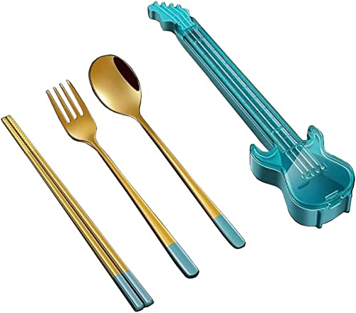 KJOET カトラリーセット 箸 スプーン フォーク ギターケース 4点セット携帯便利 食器 収納ケース付 お弁当用 ステンレス製 オシャレ 通勤通学 衛生 ランチ 弁当小物 キャンプ アウトドア 大人 (C)