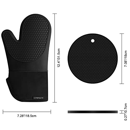 Philorn Silicone Glove Waterproof Heat Resistant Oven Mitts Non-slip with 2 Insulation Pads Long Cotton Cuffs BBQ Baking Smoking Potholders (Black) - Image 3