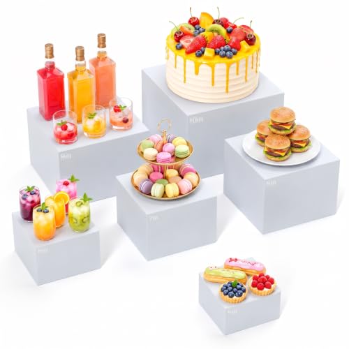 URLINE 6 Pcs White Buffet Risers, Food Risers Display Stands for Buffet Table Party Catering Dessert Jewelry Collectibles,Cube Nesting Boxes with Hollow Bottoms 6 Sizes (10" 9" 8" 7" 6" 5") by URLINE - Used condition - US$31.34