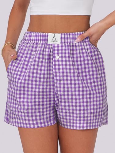 Image of ANRABESS Boxer Shorts for Women Gingham Pajama 2026 Summer Casual Lounge Sleep Plaid Shorts Y2K Beach Bottoms