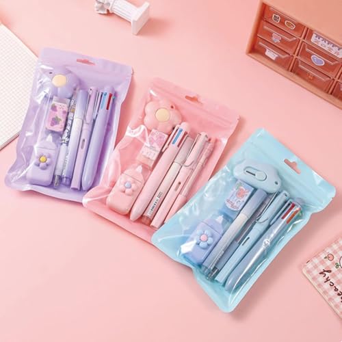 Image of SAMVARDHAN 7 Pcs Cute Purple Stationery Set Kawaii School Supplies Office Supplies Including Ballpoint Pens Pencil Sharpener Highlighter Correction Tape Ruler (Pink)