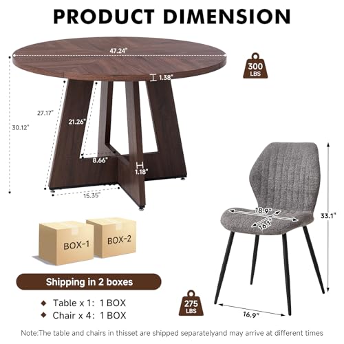 Image of 47 inch Round Dining Table Set for 4, Kitchen Table and Chairs | Wooden Cross Base, Boucle Fabric Chair, for Apartment