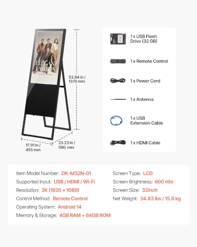 Image of VEVOR 32 in Indoor Digital Signage Floor Standing Advertising Display Kiosk, with WiFi HDMI /USB Input Android OS, 178 Wide View, LCD Screen Interactive Monitor, Commercial Totem Vertical Poster