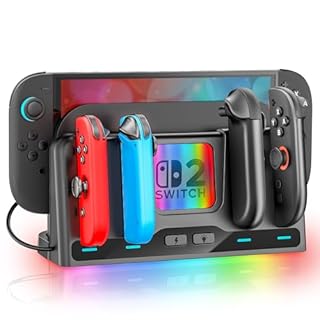 Switch 2 Ladestation kompatibel mit Nintendo Switch/OLED Controller, 2.5 Stunden Switch2 Ladegerät mit 4 Joycon Steckplätzen, Magnetische Joy Con 2 Ladestation mit 9 RGB Lichtmodi & Ladekabel