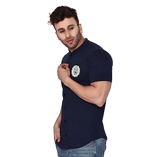 Image of Geum Men's Mandarin Collar Shirt with Graphic Print| Short Sleeve Cotton Blend Slim Fit Casual Shirt for Men
