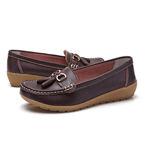 Image of Women Loafers Leather Rubber Sole Slip On Walking Flats Casual Moccasin Boat Shoes