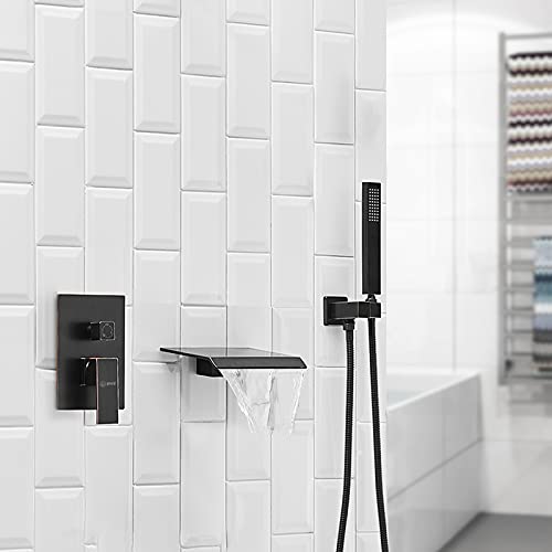 Bwe Wall Mount Tub Filler With Handheld Sprayer Shower Oil Rubbed Bronze Waterfall Spout Bathtub Faucet Set With Shower System Trim Kit Solid Brass Rough-In Valve Included High Flow Rate #TOP1