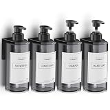 4 Pedazo Dispensador Jabon Baño, 500 ml Plástico Dispensador de Jabon Pared Cocina con 12 Etiquetas para Champú, Jabón de Mano - Gris