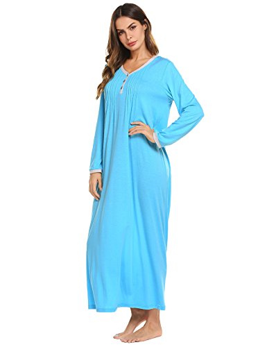 Ekouaer Womens Cotton Knit Long Sleeve Nightgown for Women, Henley Full Length Sleep Dress,Blue,X-Large