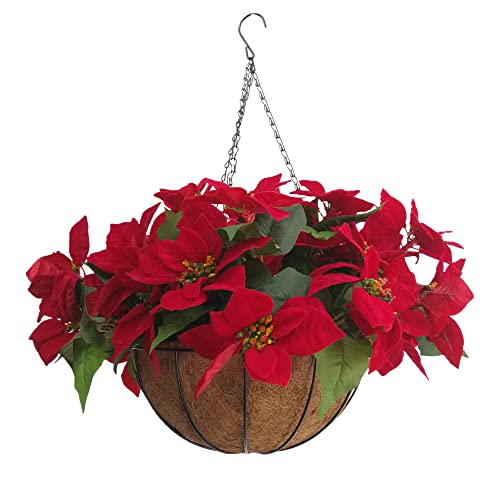 Christmas Flower Hanging Basket Diy Artificial Poinsettia Flowers Hanging Basket With Artificial Poinsettia Bush Flowers For Home Christmas Decoration (Big Hanging Basket With Artificial Flowers) #TOP5