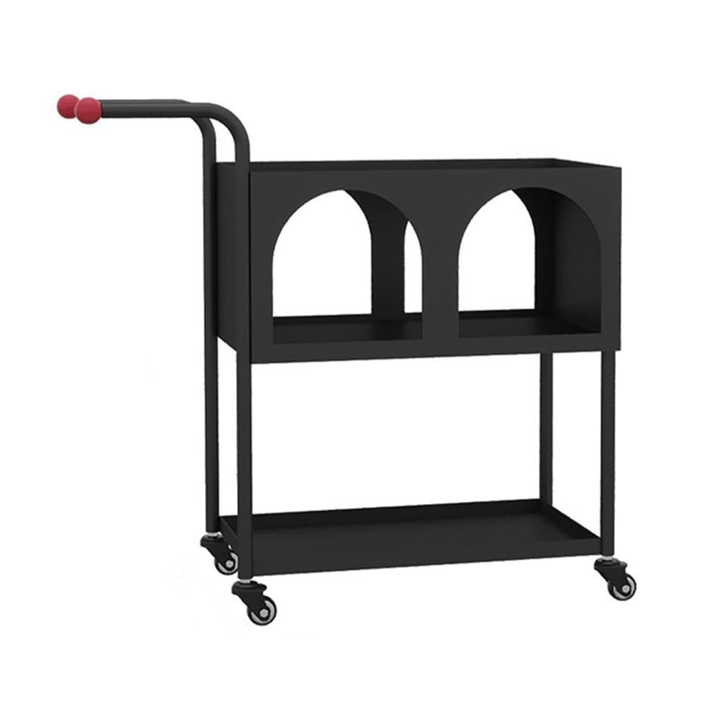 Carrito negro de diseño minimalista con dos niveles y ruedas fijables