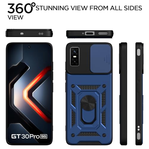 Image of Pikkme Back Cover for Infinix GT 30 Pro 5G | 360 Protection Case | Sliding Camera Shield Cover & Ring Holder Stand D10 Tough Armor Bumper Case (Blue)