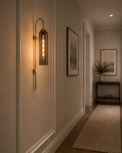 Image of Long Glass Wall Light, Modern Golden Metal Wall Light for Dining Area, Bedroom, Bedside, Living Room, Bar, Restaurants, Cafe, Study Room, Corridor, Shop with 30 cm Long Bulb (Smoke)