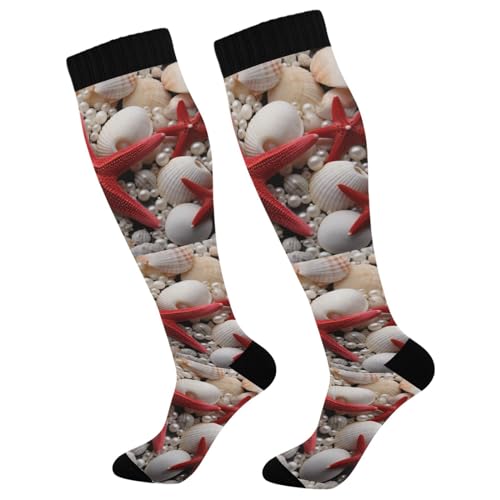 Waassud Calcetines de compresión rojos con estrellas de mar para mujeres y hombres, circulación, 20-30 mmHg, calcetines altos hasta la rodilla, medias de viaje, 1 par
