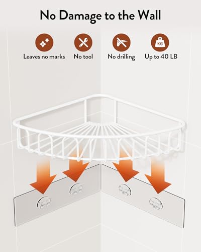 Orimade Corner Shower Caddy with 2 Hooks Wall Mounted Metal Bathroom Shelf Storage Organizer Adhesive No Drilling 2 Pack, White Only for 90-Degree Corner