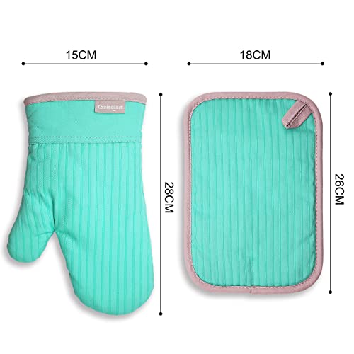 Coziselect Ofenhandschuhe, Hitzebeständige Topfhandschuhe und Topflappen Set, Silikon Anti-Rutsch Design, Geeignet für Kochen, Backen, Grillen, Grün
