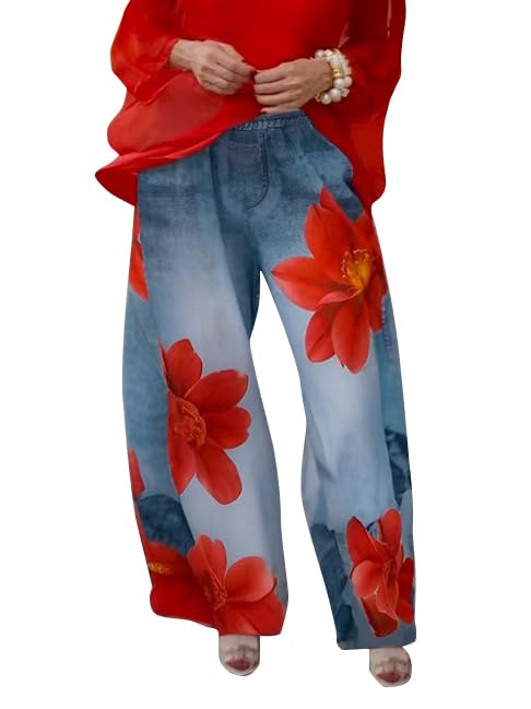 oshoplive Women's Floral Wide Leg Jeans Pants Elastic High Waist Baggy Flowers Denim Pants with Pockets Trendy