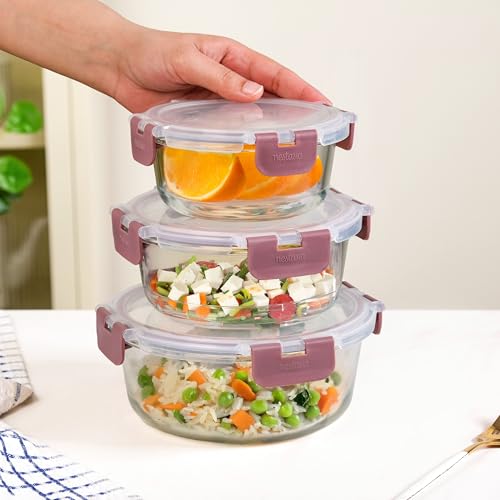 Image of Nestasia Nestro Airtight Glass Containers with Lid Set of 3 (400ml, 600ml, 950ml) | Spill Proof Round Glass Containers with Break Free Lock - Microwave, Dishwasher & Freezer Safe (Mauve)
