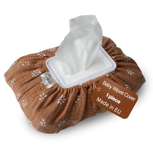 Baby Wipes Cover – Universal Size, One Size Fits All Wipes Packages | Muslin Cotton Tissue Cover for Nursery, Diaper Bag & Changing Table, Station | Gingham & Neutral Patterns (Caramel Daisy)