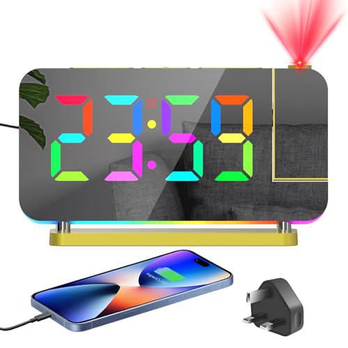 Venchin Despertador con proyección: 7 pulgadas reloj digital espejo con proyector giratorio de 180°, despertador digital para dormitorio