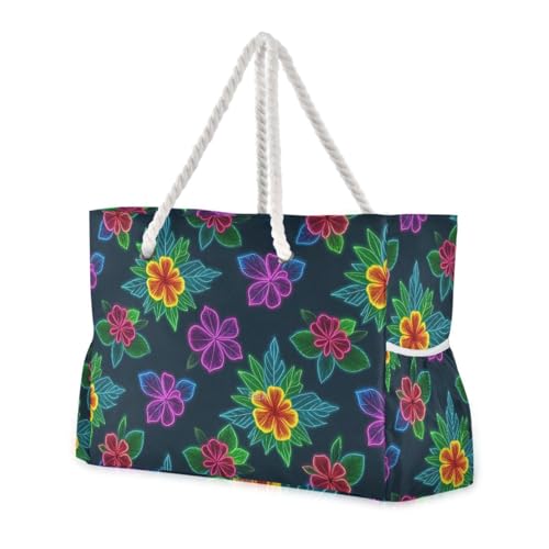 Amooorous Coloridas flores tropicales fluorescentes de neón resistentes para mujer, bolsas de viaje con cremallera, bolsas grandes para mujer, para viajes, gimnasio, vacaciones, Coloridas flores