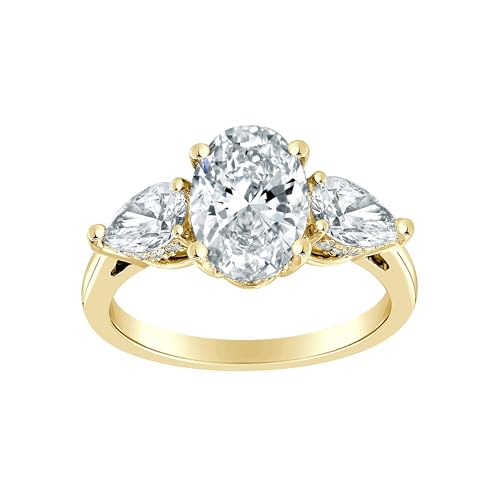 Diamond Wish 3 Carat Oval Lab Grown Diamond Three Stone Ring for Women - 14k Yellow Gold Engagement Ring for Her - Pear Side Stones (E-F, VS, 3 cttw) IGI Certified Wedding Promise Ring Size 5 to 8.5