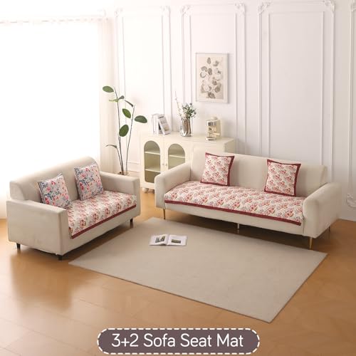 Image of HOKIPO 'Florentina Series' Premium Holland Velvet 5 Seater Sofa Cover Mat in 3+2 Configuration with Foam Filling for Extra Softness, Anti-Slip Backing, Autumn Cream (IN-881+879-V3)