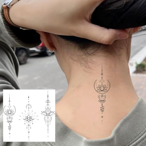 Image of Bilizar 12 Sheets Lotus Crescent Arrow Temporary Tattoos For Women Adults Finger Hand Neck Tattoo Sticker, Realistic Crescent Lotus Chain Pendant Fake Jewelry Tattoos Long Lasting Body Art Temp Tatoos