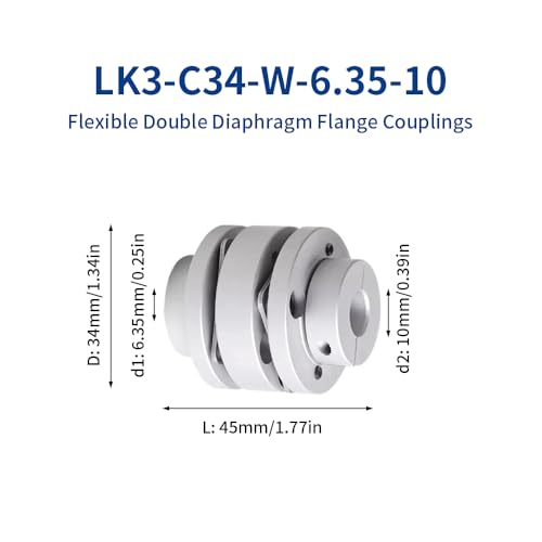 6,35 mm bis 10 mm Flexible Flanschmembrankupplung, D34 L45 Aluminium 2 Membranmotorwellenkupplung für 3D-Drucker CNC-Maschine Servomotor
