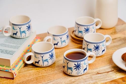Image of Ceramic Kulhad Set of 6 | Hand-Painted Blue Deer Design Tea Cups | Traditional Clay Style Kulhad for Chai, Coffee | Safe & Durable Stoneware, Ceramic Indian chai Cups | Multicolor