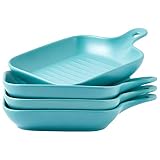 Bruntmor 4 Piece Matte Blue Ceramic Dinnerware Set, 6.5 inch Food Serving Plates with Skillet look Handle, Lightweight Square Plates, Oven and Dishwasher Safe, Matte Finish