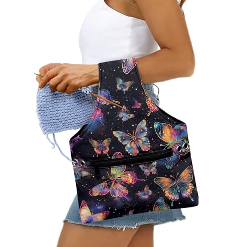 Image of KUIFORTI Butterfly Yarn Bag Knitting Crochet Tote Bag Portable Yarn Storage Bag Organizer, Travel Knitting Wrist Bag, Yarn Tote Bags for Crocheting, Holding Yarn, Knitting Needles Small Size