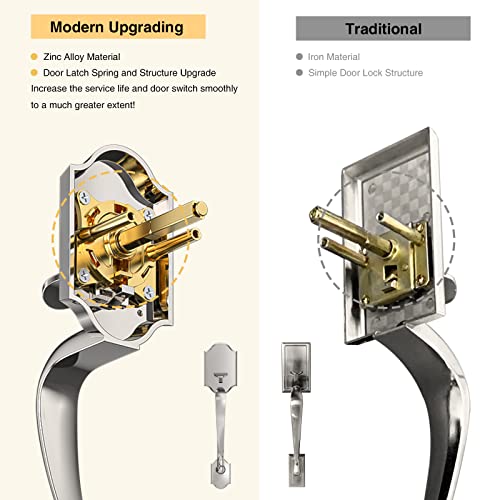 Brightify Satin Nickel Front Door Handle, Satin Nickel Exterior Door Handle With Door Lever, Modern Front Door Lock Set, Adjustable Deadbolt Lock Set With Single Cylinder, Reversible For Right&Left #TOP3