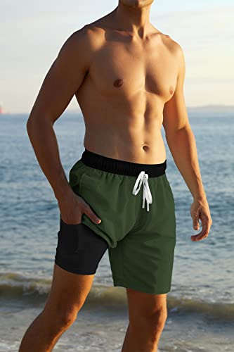 Cozople Mens Swim Shorts With Compression Liner Anti Chafe Green Swim Trunks 7 Inch Inseam Bathing Suit Boxer Brief Lined Swimsuit For Summer M #TOP2