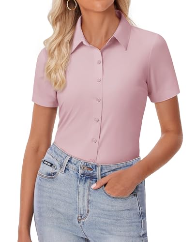 Image of siliteelon Womens Button Down Shirt Slim Fit Stretch Short Sleeve Dress Shirt Wrinkle Free Collared Business Work Blouse Top