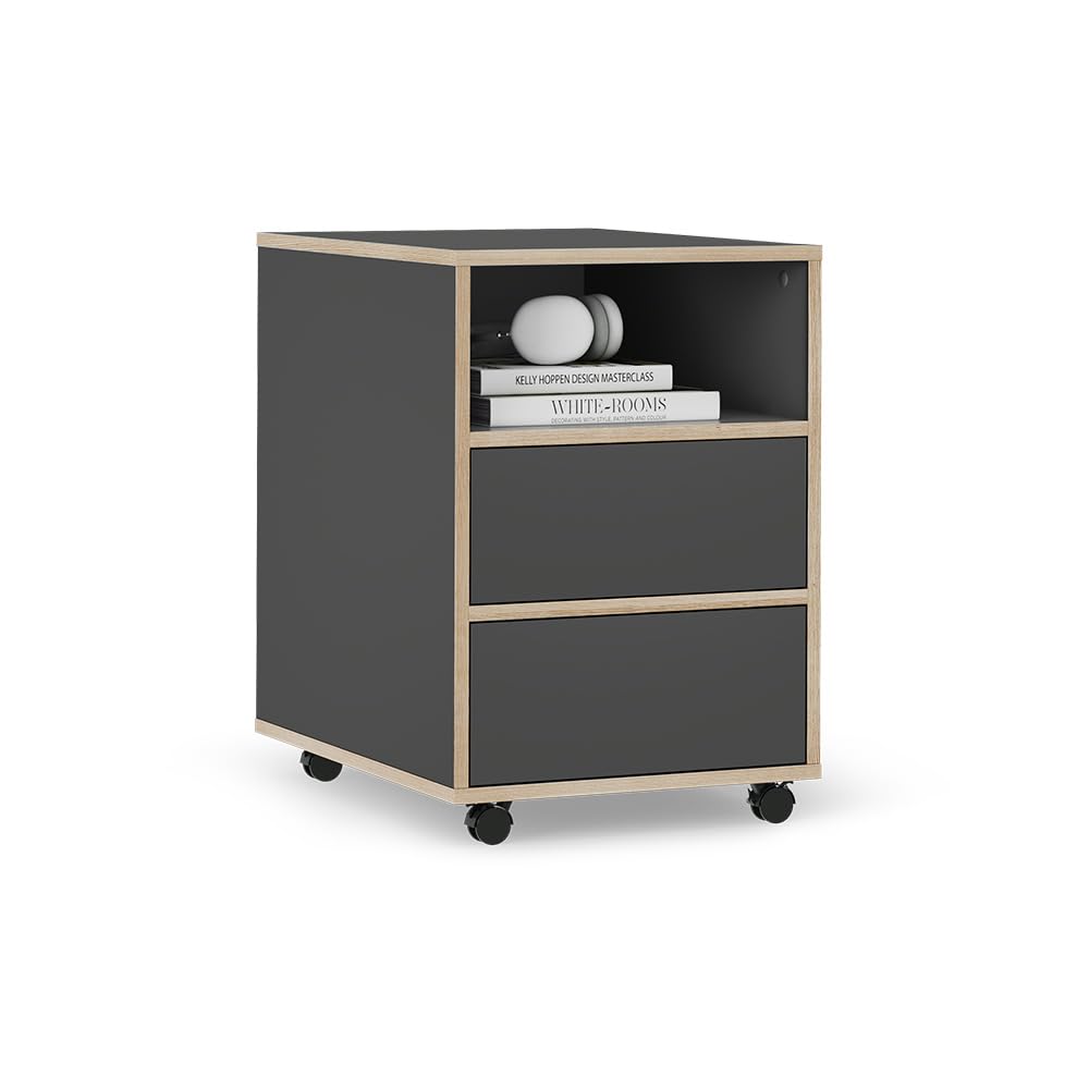 Vicco Rollcontainer Tetrix, Anthrazit, 42 x 55 cm | mit Regalen und 2 Schubladen, auf Rollen für flexible Nutzung im Büro oder Homeoffice