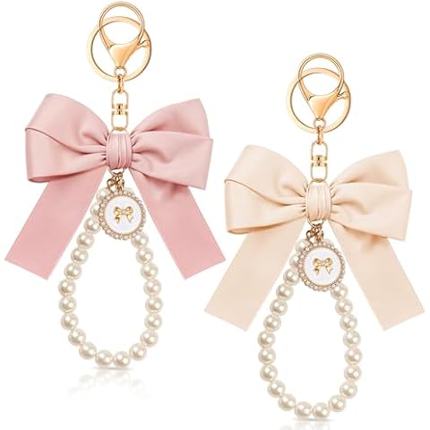 Neptniopllab Pink Bow Pearl Keychain,Pink Keychain,Silk Bow Keychain,Pink Pearl Bowknot Wristlet Keyring for Girls,Women,Purse Charms (Pink & White (2 Pcs)) Cover