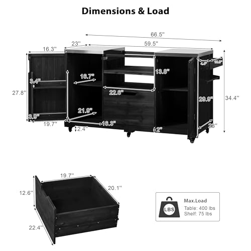 RUNNA 66.5" Outdoor Kitchen Island for Big Green Egg Grills,Solid Wood Outdoor Grill Cart for Tabletop Grill with Stainless Steel Top,Drawer, Compatible with Large Big Green Egg, Kamado Joe