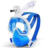 Anti-Lokage & Anti-Fog: Nuestra Máscara de Buceo presenta un nuevo diseño de cara completa, por lo que ya no necesita poner un snorkel en la boca. El diseño independiente de la cámara de respiración en forma de U de la máscara de snorkle se adapta mucho al puente de la nariz, manteniendo respirando lejos del área visible, lo que evita que la máscara de snorkel se empañen. La falda de silicona agrandada y el sistema flotante incorporado evitan que el agua ingrese a la máscara.