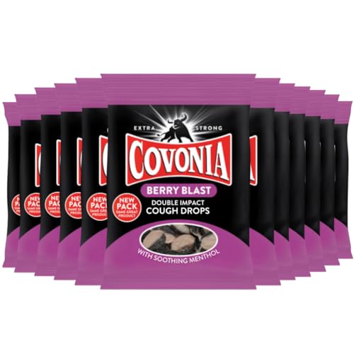 Covonia Double Impact Cough Drops Berry Blast 12 Bags x 51g, Powerful Menthol Vapours, Suitable for Vegetarians, Alcohol Free Cough Drops