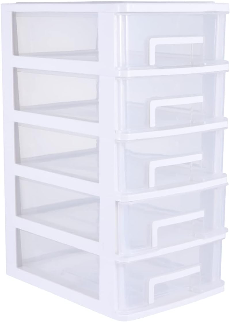 YARNOW 5- Layer Plastic Storage Box Desktop Storage Drawer Units Multifunctional Sundries Storage Container for Home Office White