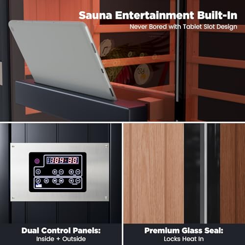 OnxyEdge 2-Person Full Spectrum Sauna, 12 * 12" Red Light Therapy & 2 Built-in Speakers, Indoor Dry Sauna 1990W - 120V with Dual LED Controls for Home & Gym – Canadian Hemlock Spa Room (Wood) - Thumbnail 4