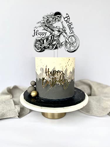 Motorcycle Happy Birthaday Cake Topper - Skeleton Man Riding A Motorcycle - Funny Happy Birthday Cake Topper For Skull/Motorbike Theme Party Decoration, Day Of The Dead Party Decorations (Skull) #TOP4